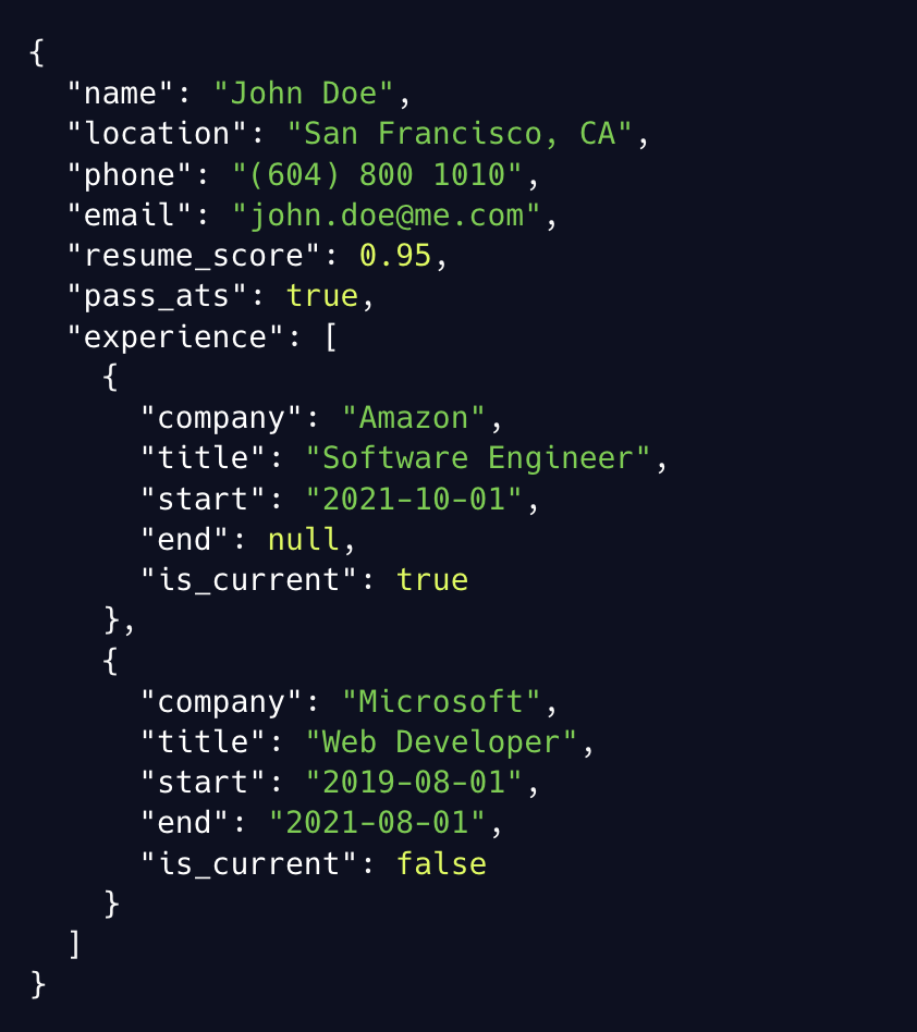 Example of a JSON object extracted from the resume with ATS